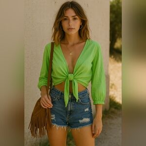 Phool Green Tie Front Blouse‎ Women’s Small Boho Cotton Gauze Top India...